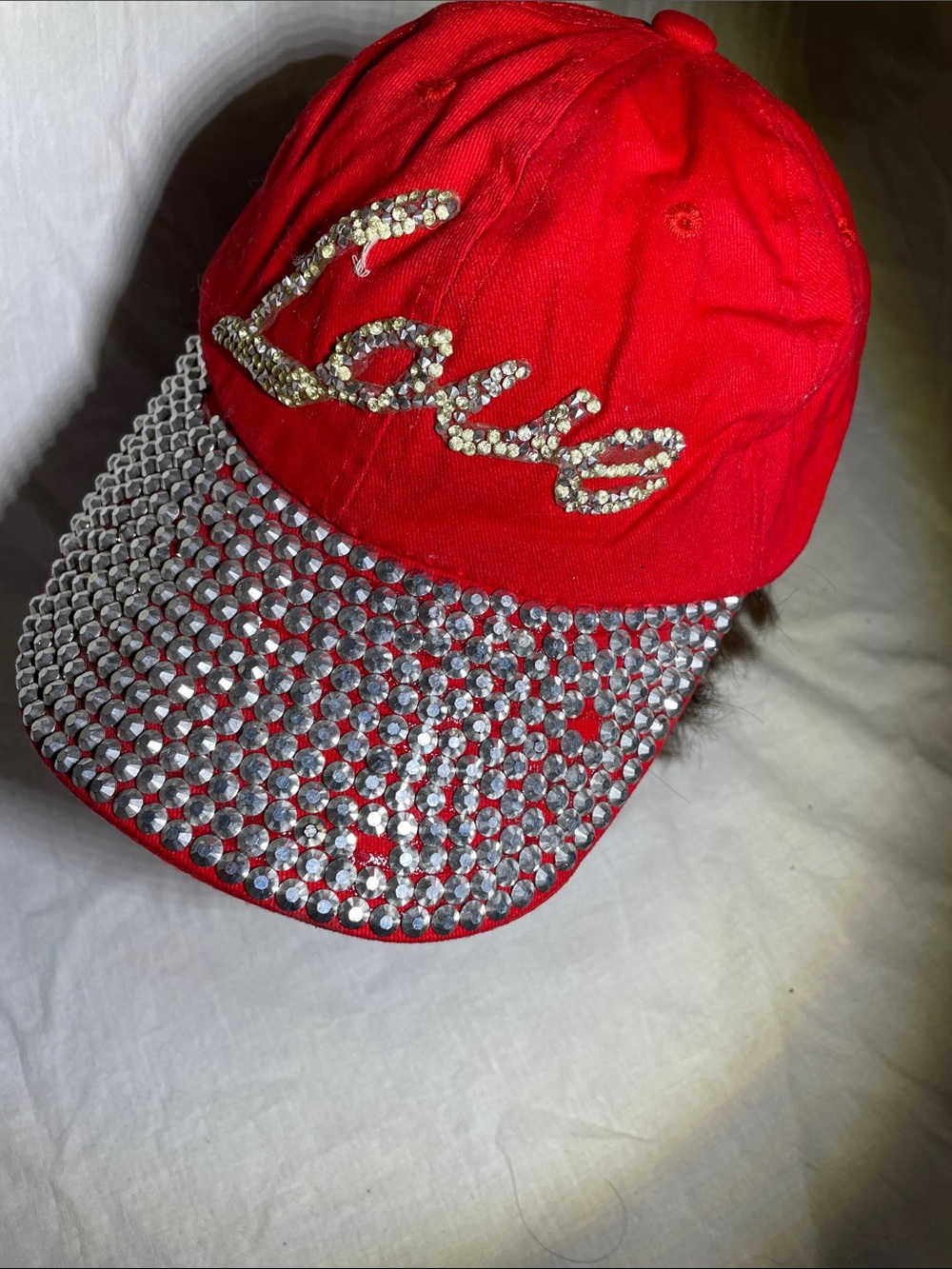Red Rhinestone-Embellished Baseball Cap “Love”